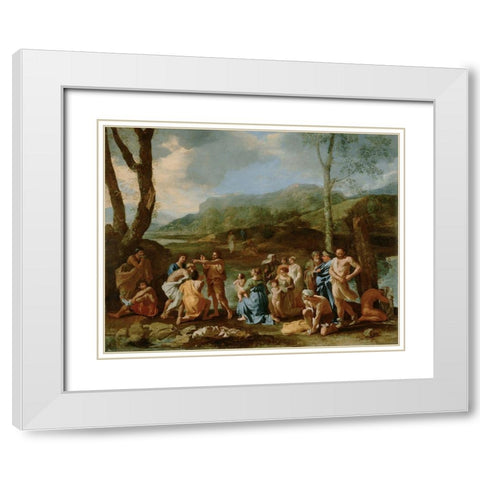 Saint John Baptizing in the River Jordan White Modern Wood Framed Art Print with Double Matting by Poussin, Nicolas