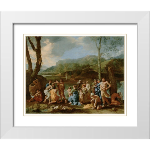 Saint John Baptizing in the River Jordan White Modern Wood Framed Art Print with Double Matting by Poussin, Nicolas