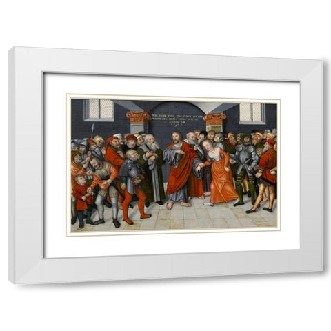Christ and the Adulteress White Modern Wood Framed Art Print with Double Matting by Cranach the Younger, Lucas