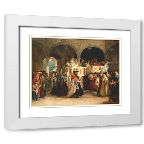 The Feast of the Rejoicing of the Law at the Synagogue White Modern Wood Framed Art Print with Double Matting by Hart, Solomon Alexander