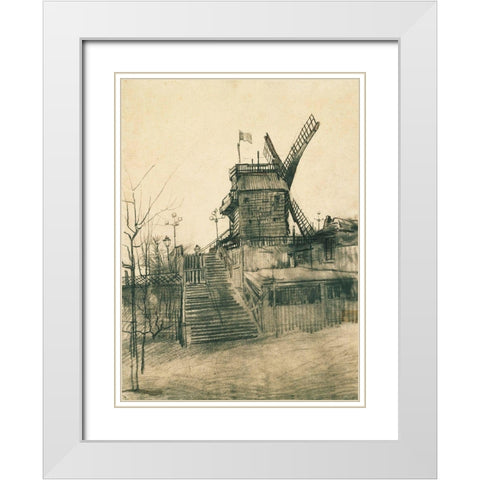 Moulin de la Galette White Modern Wood Framed Art Print with Double Matting by van Gogh, Vincent