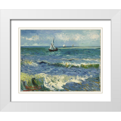 Seascape near Les Saintes-Maries-de-la-Mer White Modern Wood Framed Art Print with Double Matting by van Gogh, Vincent