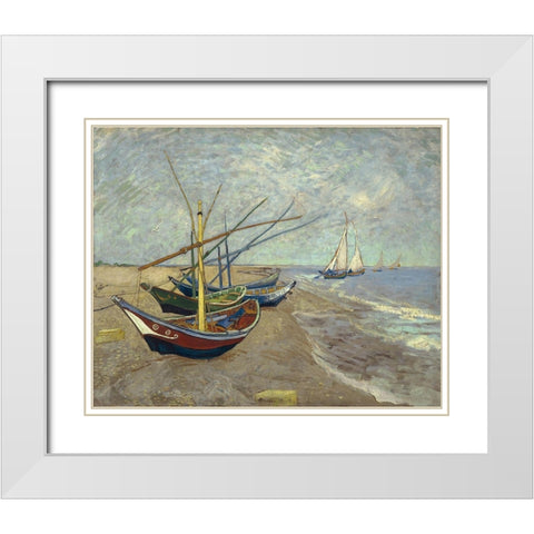 Fishing boats on the beach at Les Saintes-Maries-de-la-Mer White Modern Wood Framed Art Print with Double Matting by van Gogh, Vincent