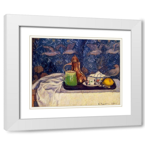 Still Life with a Coffeepot White Modern Wood Framed Art Print with Double Matting by Pissarro, Camille