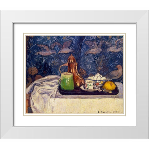 Still Life with a Coffeepot White Modern Wood Framed Art Print with Double Matting by Pissarro, Camille