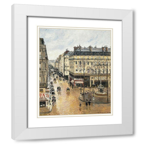 Rue Saint-Honore in the Afternoon. Effect of Rain White Modern Wood Framed Art Print with Double Matting by Pissarro, Camille