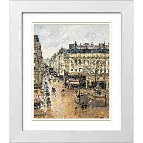 Rue Saint-Honore in the Afternoon. Effect of Rain White Modern Wood Framed Art Print with Double Matting by Pissarro, Camille