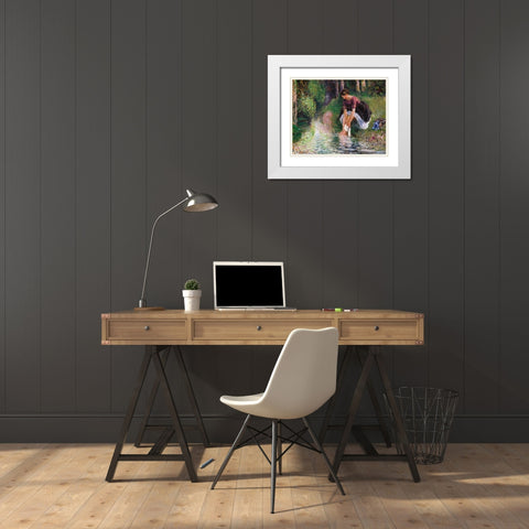 Woman Washing Her Feet in a Brook White Modern Wood Framed Art Print with Double Matting by Pissarro, Camille