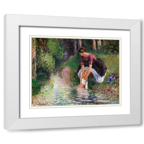 Woman Washing Her Feet in a Brook White Modern Wood Framed Art Print with Double Matting by Pissarro, Camille