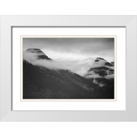 Mountain partially covered with clouds-Glacier National Park-Montana White Modern Wood Framed Art Print with Double Matting by Adams, Ansel