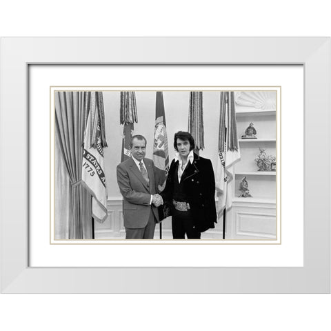 Elvis Presley meeting Richard Nixon White Modern Wood Framed Art Print with Double Matting by Atkins, Ollie