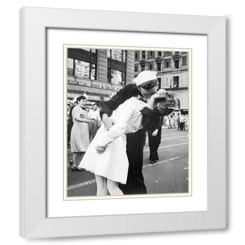 New York City celebrating the surrender of Japan White Modern Wood Framed Art Print with Double Matting by Jorgensen, Victor