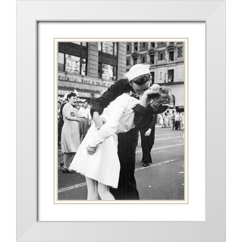 New York City celebrating the surrender of Japan White Modern Wood Framed Art Print with Double Matting by Jorgensen, Victor