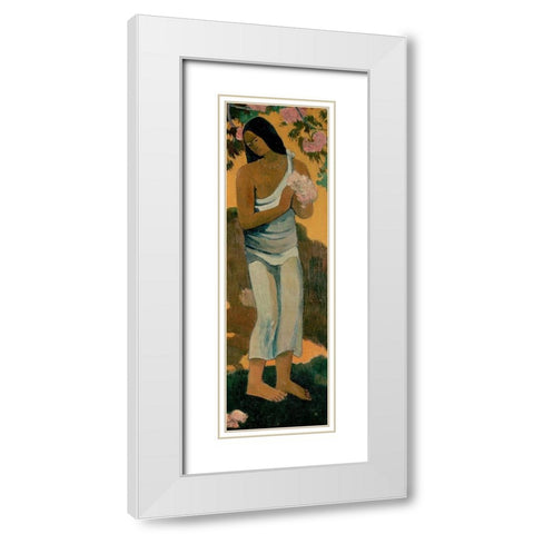 Tahitian Woman With Blossom White Modern Wood Framed Art Print with Double Matting by Gauguin, Paul
