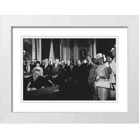 President Lyndon Johnson Signs the Voting Rights Act 1965 White Modern Wood Framed Art Print with Double Matting by U.S. Archives