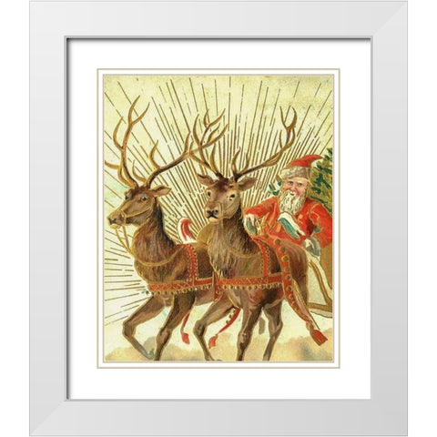 Christmas postcard of Santa Claus and his reindeer White Modern Wood Framed Art Print with Double Matting by Souvenir Post Card Company, New York