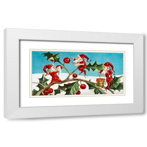 Santa elves painting berries on holly leaves White Modern Wood Framed Art Print with Double Matting by Wallach, Miriam and Ira D