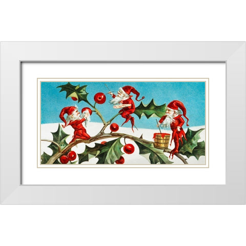 Santa elves painting berries on holly leaves White Modern Wood Framed Art Print with Double Matting by Wallach, Miriam and Ira D
