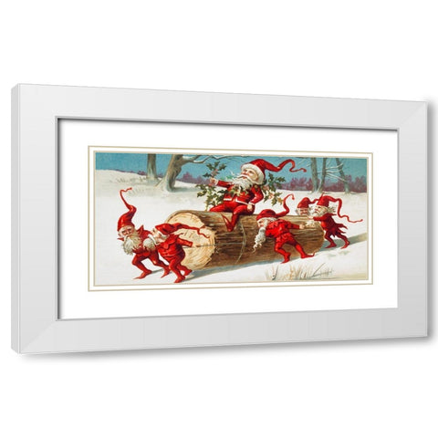 Santa elves sliding on a log White Modern Wood Framed Art Print with Double Matting by Wallach, Miriam and Ira D