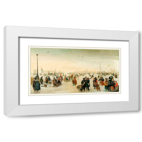 Enjoying the Ice near a Town White Modern Wood Framed Art Print with Double Matting by Avercamp, Hendrick