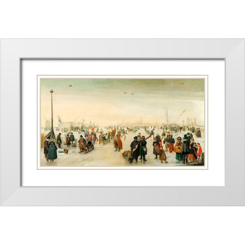 Enjoying the Ice near a Town White Modern Wood Framed Art Print with Double Matting by Avercamp, Hendrick