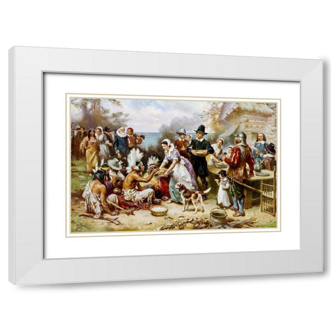 The First Thanksgiving, 1621 White Modern Wood Framed Art Print with Double Matting by Ferris, Jean Leon Gerome