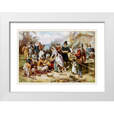 The First Thanksgiving, 1621 White Modern Wood Framed Art Print with Double Matting by Ferris, Jean Leon Gerome