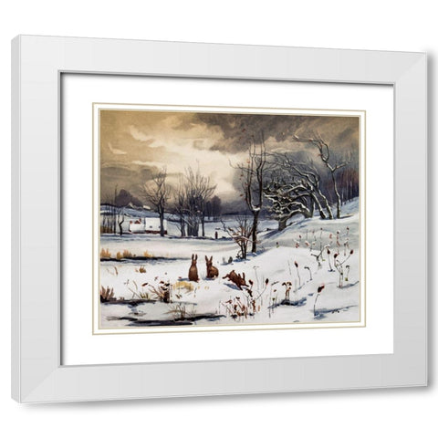Winter Landscapes Rabbits White Modern Wood Framed Art Print with Double Matting by L. Prang & Co
