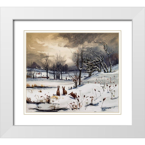 Winter Landscapes Rabbits White Modern Wood Framed Art Print with Double Matting by L. Prang & Co
