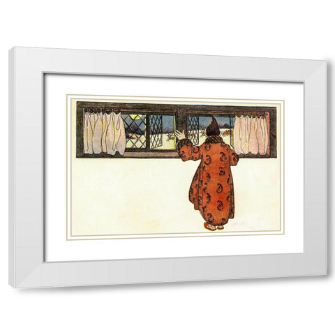 Man Looking out the Window to See Christmas Reindeer Carriage White Modern Wood Framed Art Print with Double Matting by Smith, Jessie Wilcox