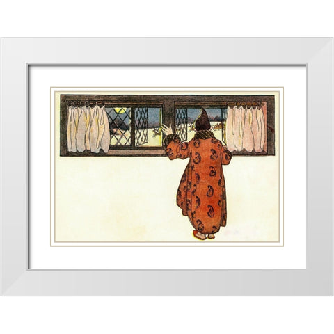 Man Looking out the Window to See Christmas Reindeer Carriage White Modern Wood Framed Art Print with Double Matting by Smith, Jessie Wilcox
