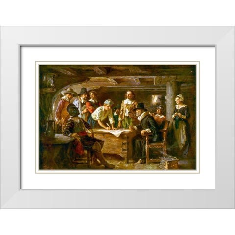 The Mayflower Compact-1620 White Modern Wood Framed Art Print with Double Matting by Ferris, Jean Leon Gerome