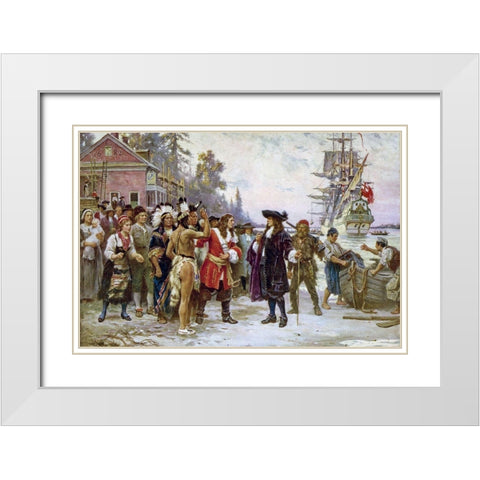 The Landing of William Penn White Modern Wood Framed Art Print with Double Matting by Ferris, Jean Leon Gerome