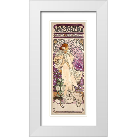 La dame-aux camelias-Sarah Bernhardt White Modern Wood Framed Art Print with Double Matting by Mucha, Alphonse