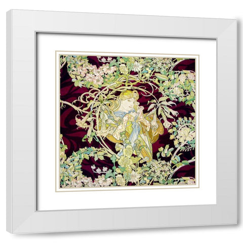 Panel Entitled Femme a marguerite or Woman with Daisy White Modern Wood Framed Art Print with Double Matting by Mucha, Alphonse