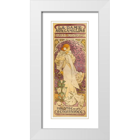 La Dame aux Camelias - Sarah Bernhardt White Modern Wood Framed Art Print with Double Matting by Mucha, Alphonse