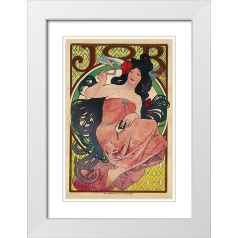 Job 1894 White Modern Wood Framed Art Print with Double Matting by Mucha, Alphonse