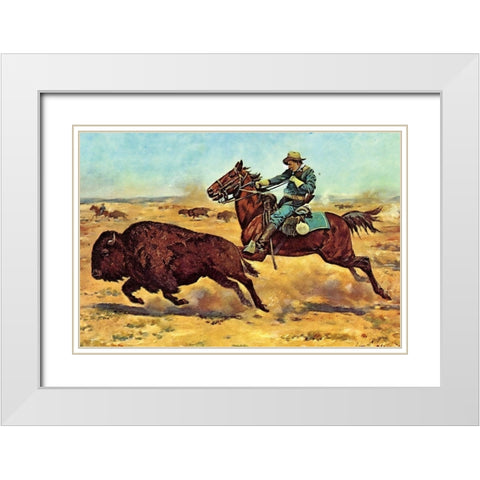 U.S. Cavalry Hunting Buffalo White Modern Wood Framed Art Print with Double Matting by Shreyvogel, Charles
