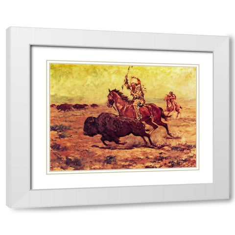 Doomed - Indian Hunting Buffalo White Modern Wood Framed Art Print with Double Matting by Shreyvogel, Charles