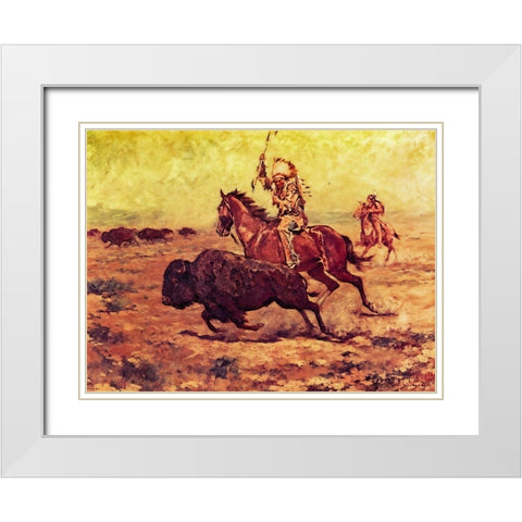 Doomed - Indian Hunting Buffalo White Modern Wood Framed Art Print with Double Matting by Shreyvogel, Charles