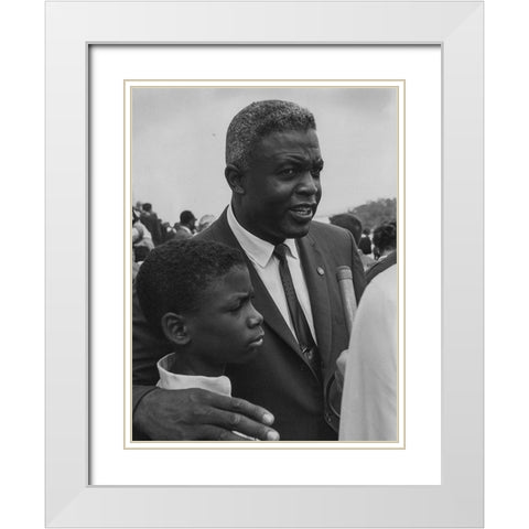 Former National Baseball League player-Jackie Robinson with his son White Modern Wood Framed Art Print with Double Matting by U.S. Archives