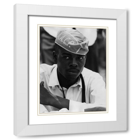 Civil Rights March on Washington-D.C. Man Wearing AACP Hat White Modern Wood Framed Art Print with Double Matting by U.S. Archives