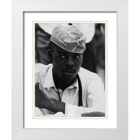 Civil Rights March on Washington-D.C. Man Wearing AACP Hat White Modern Wood Framed Art Print with Double Matting by U.S. Archives