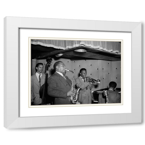 Charlie Parker-Tommy Potter-Miles Davis-Duke Jordan-Max Roach White Modern Wood Framed Art Print with Double Matting by Gottlieb, William