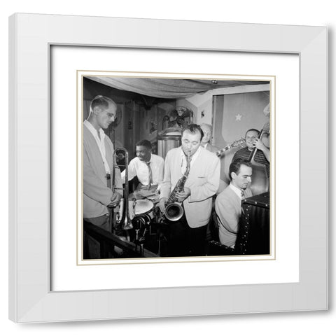 Bill Harris-Denzil Best-Flip Phillips-Billy Bauer-Lennie Tristano-Chubby Jackson-1947. Pied Piper-NY White Modern Wood Framed Art Print with Double Matting by Gottlieb, William