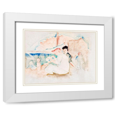 Two Women and Three Children on the Beach White Modern Wood Framed Art Print with Double Matting by Demuth, Charles