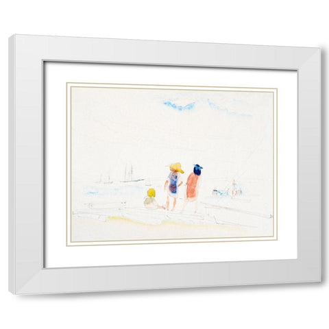 Two Women and Child on Beach White Modern Wood Framed Art Print with Double Matting by Demuth, Charles
