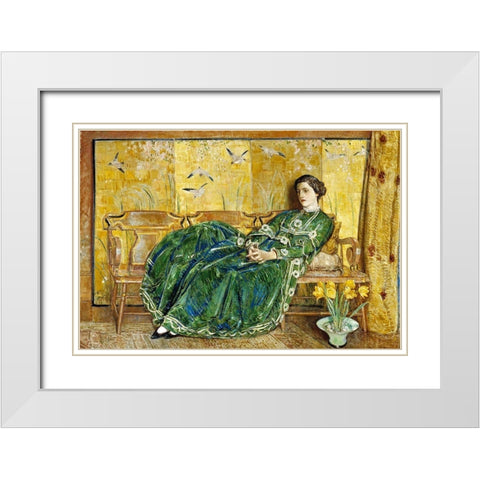 April The Green Gown White Modern Wood Framed Art Print with Double Matting by Hassam, Childe