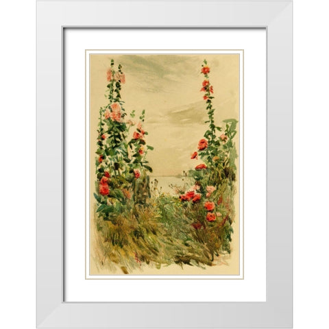 Hollyhocks White Modern Wood Framed Art Print with Double Matting by Hassam, Childe