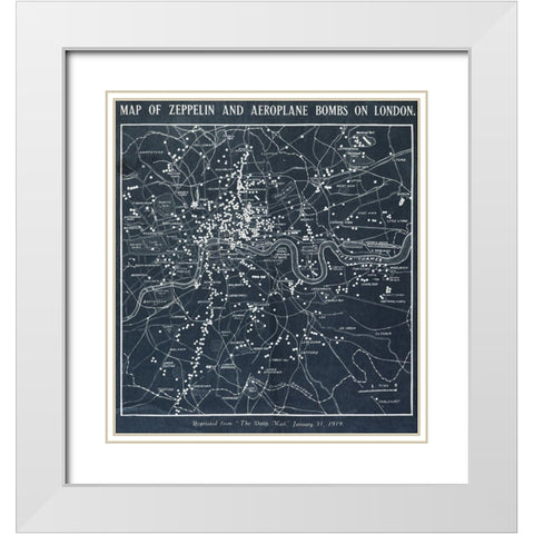 Map of Zeppelin and aeroplane bombs on London White Modern Wood Framed Art Print with Double Matting by World War 1 Photograph